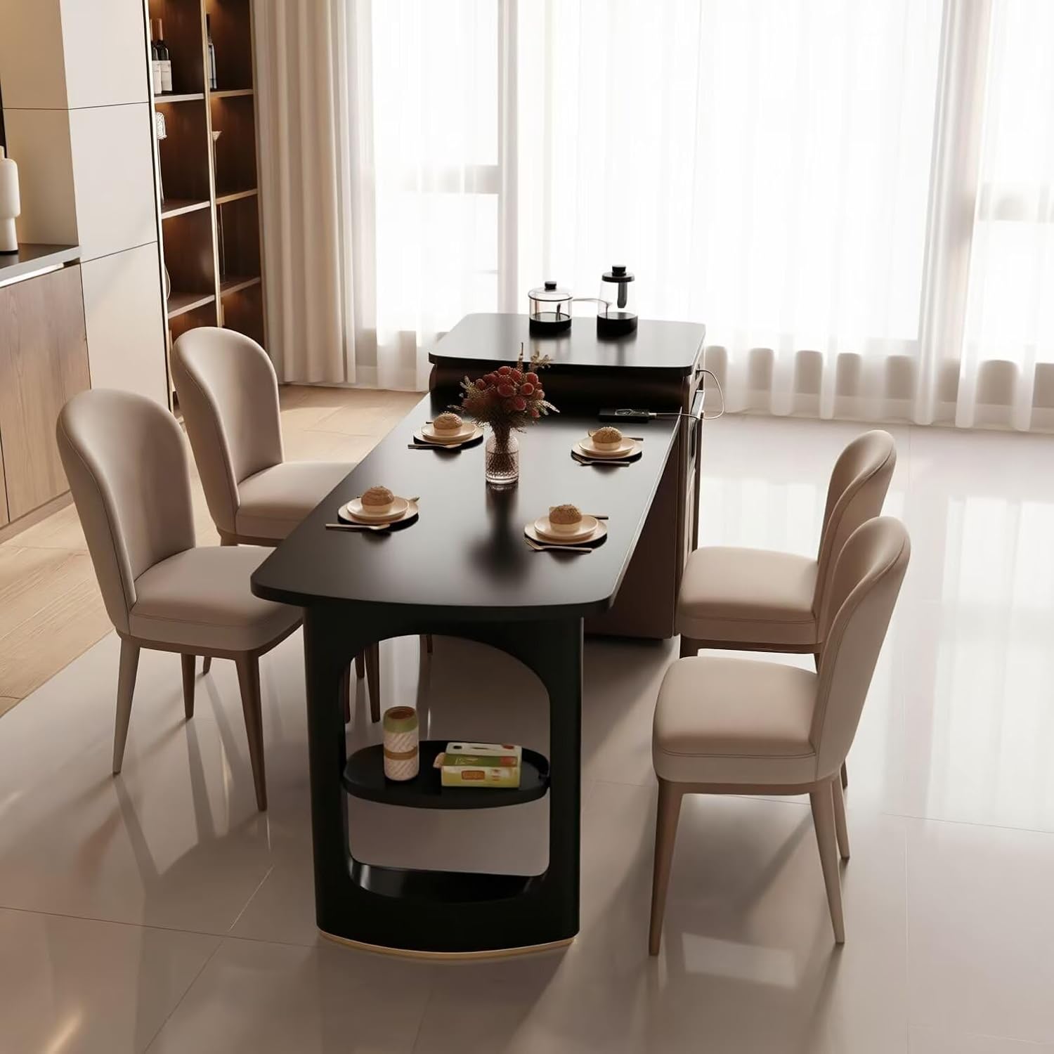 Kitchen Island with Storage - Modern Extendable Dining Table with Suitable for 4 People,Drawer,Cabinet Storage,Black Tabletop & Wooden Cabinet Material (78.74IN No Chairs)