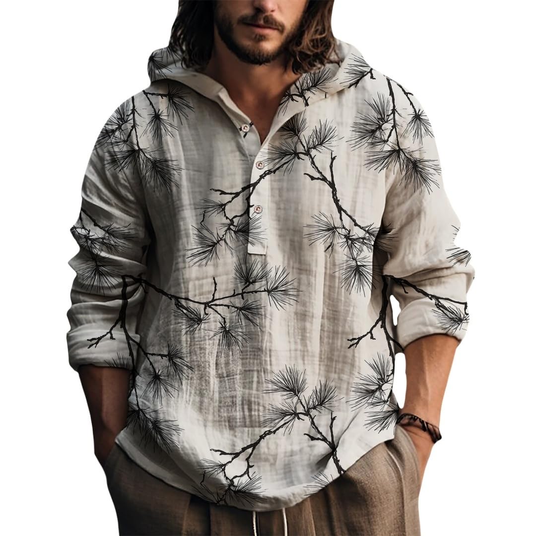 ZOCANIA Japanese Style Long Sleeve Hooded Shirts Button Down Shirt Casual Tops for Spring Fall Hawaiian Beach Yoga Tshirts