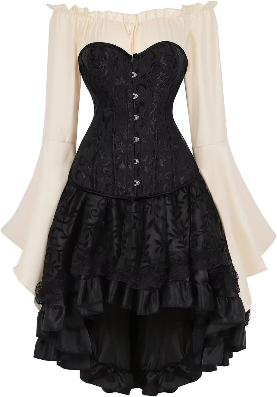 Jutrisujo Corset Tops for Women Dress Skirt with Tutu 3 Set Plus Size Vintage Lace up Gothic Costume Halloween Black