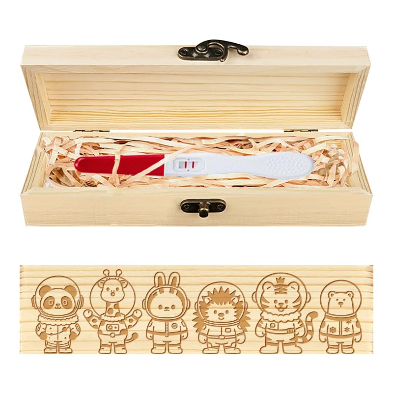 CHGCRAFT Pregnancy Test Keepsake Box Animal Astronauts Wooden Pregnancy Announcement Gifts Box with Raffia Ribbon and Lock Announcement Gifts for Dad Husband 8x2x1.2 inch