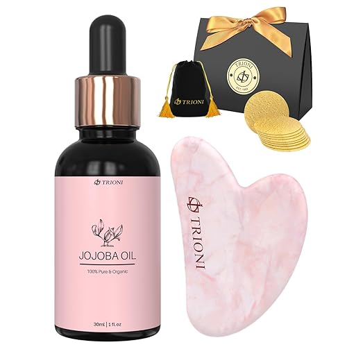 TRIONI El kit Gua Sha y el juego de regalo para el cuidado de la piel incluye auténtico masajeador facial Gua Sha de cuarzo rosa, aceite de jojoba
