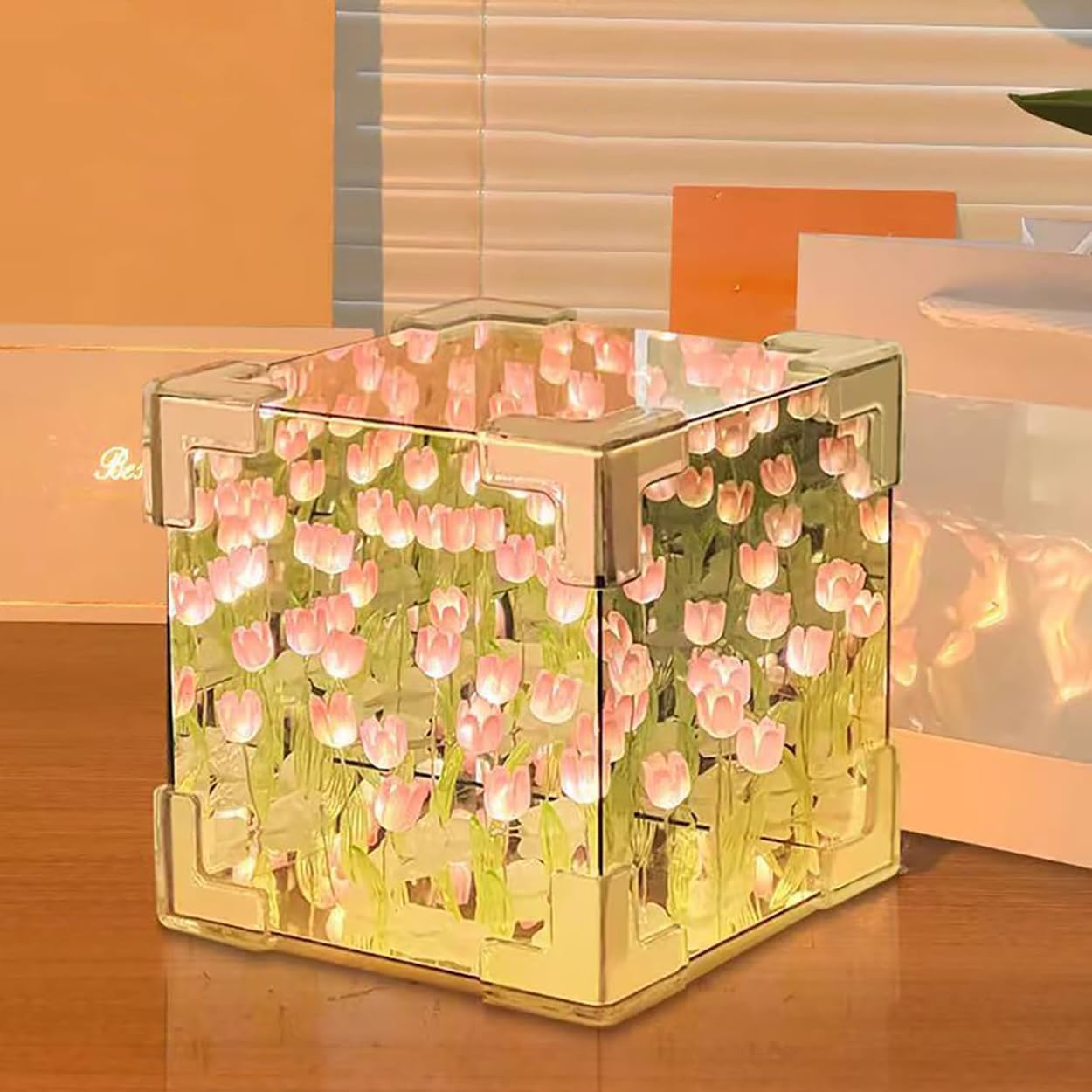 Glass DIY Tulip Cube Mirror Lamp, 20 Flowers LED Decorative Magic Cube 2 in 1 Mirror &Table Ornaments for Bedroom Livingroom Desktop Decor Birthday Gift,Multicolour