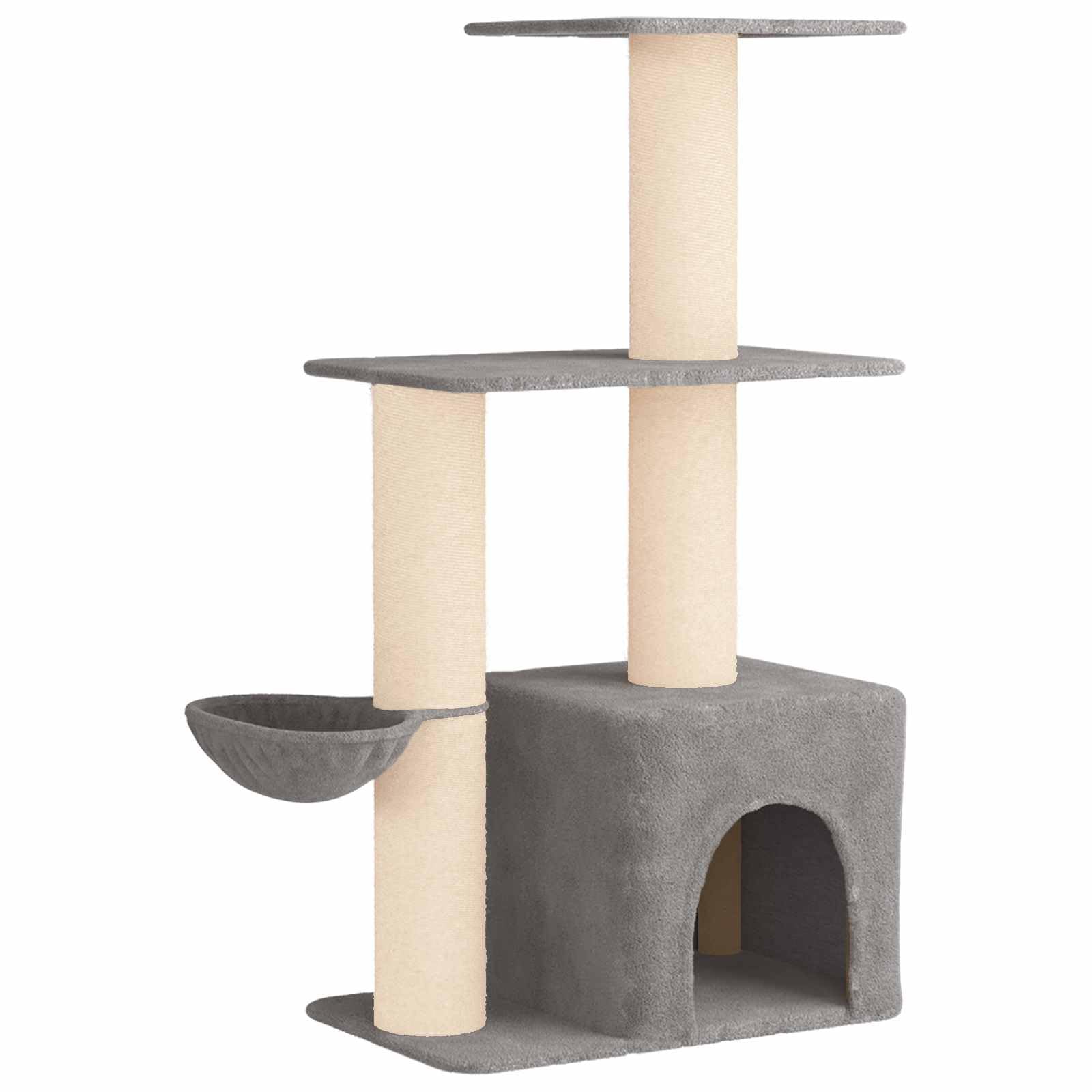 Kratzbaum Stabil mit Sisal-Kratzsäulen und Katzenhöhle - Mehrstöckiger Katzenbaum 133 cm hoch für Drinnen - Kletterbaum mit Plüsch und Holz für Katzen, Hellgrau