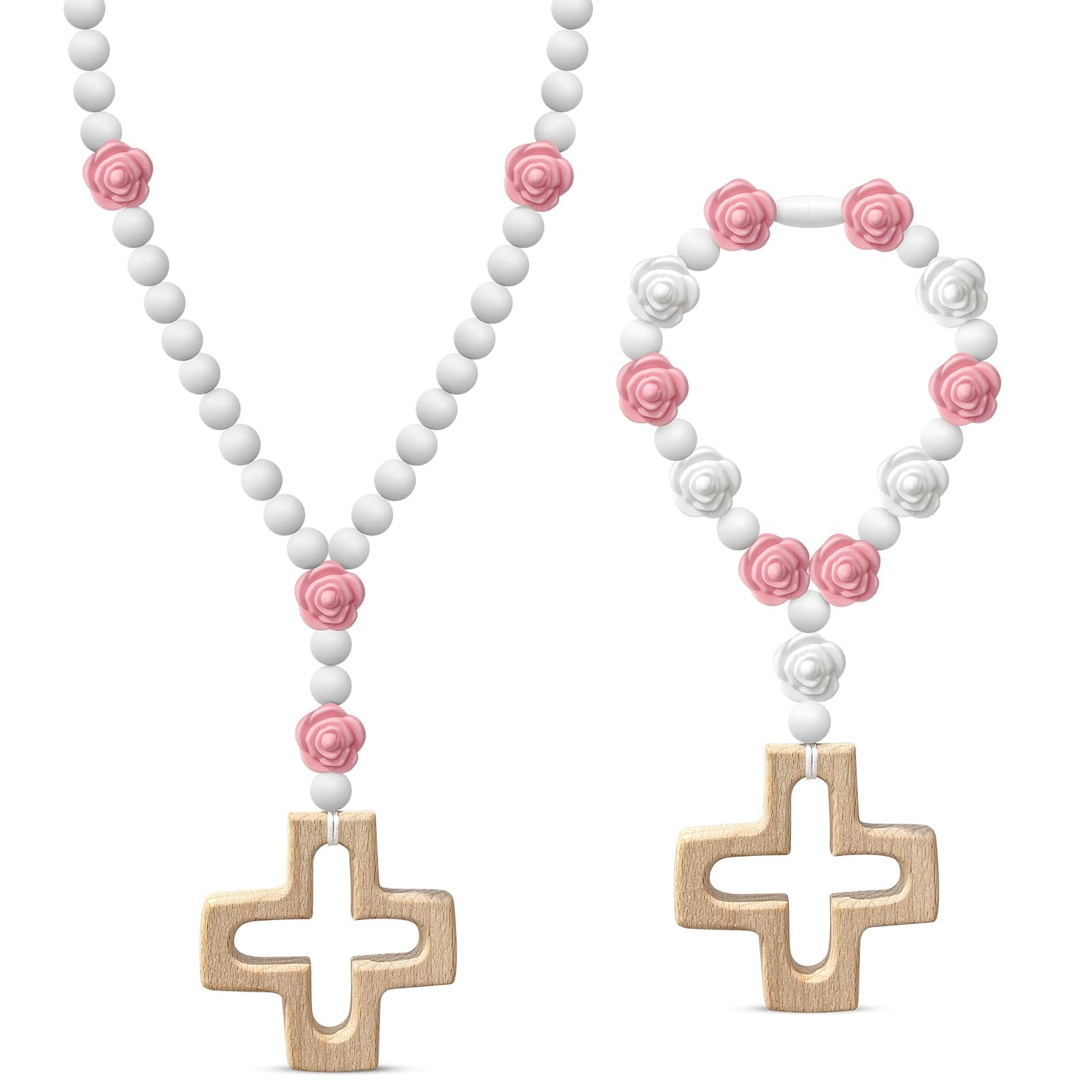BAEAIEOU 2 Pack First Communion Rosary, Baptism Silicone Catholic Rosary Cross Beads Bracelet Necklace Christian Baptism Party Favor for Baby Shower First Year Birthday Party Supplies
