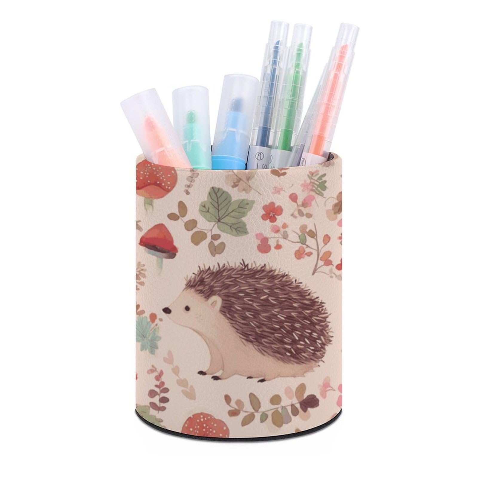 VstaDank Lovely Hedgehog Pen Holder PU Leather Pencil Cup Minimalist Desk Pencil Holder Round Make Up Brush Organizers For Office Dorm Room&Vanity Desk Accessories