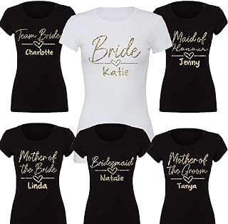 Hen do T Shirts,Personalised Hen Party Shirts, Team Bride T Shirt, Team Bride Bachelorette Party Ladies Shirts, Shirts, Hen Night Tees- Gold Glitter (Ladies Large, Bridesmaid, Black)