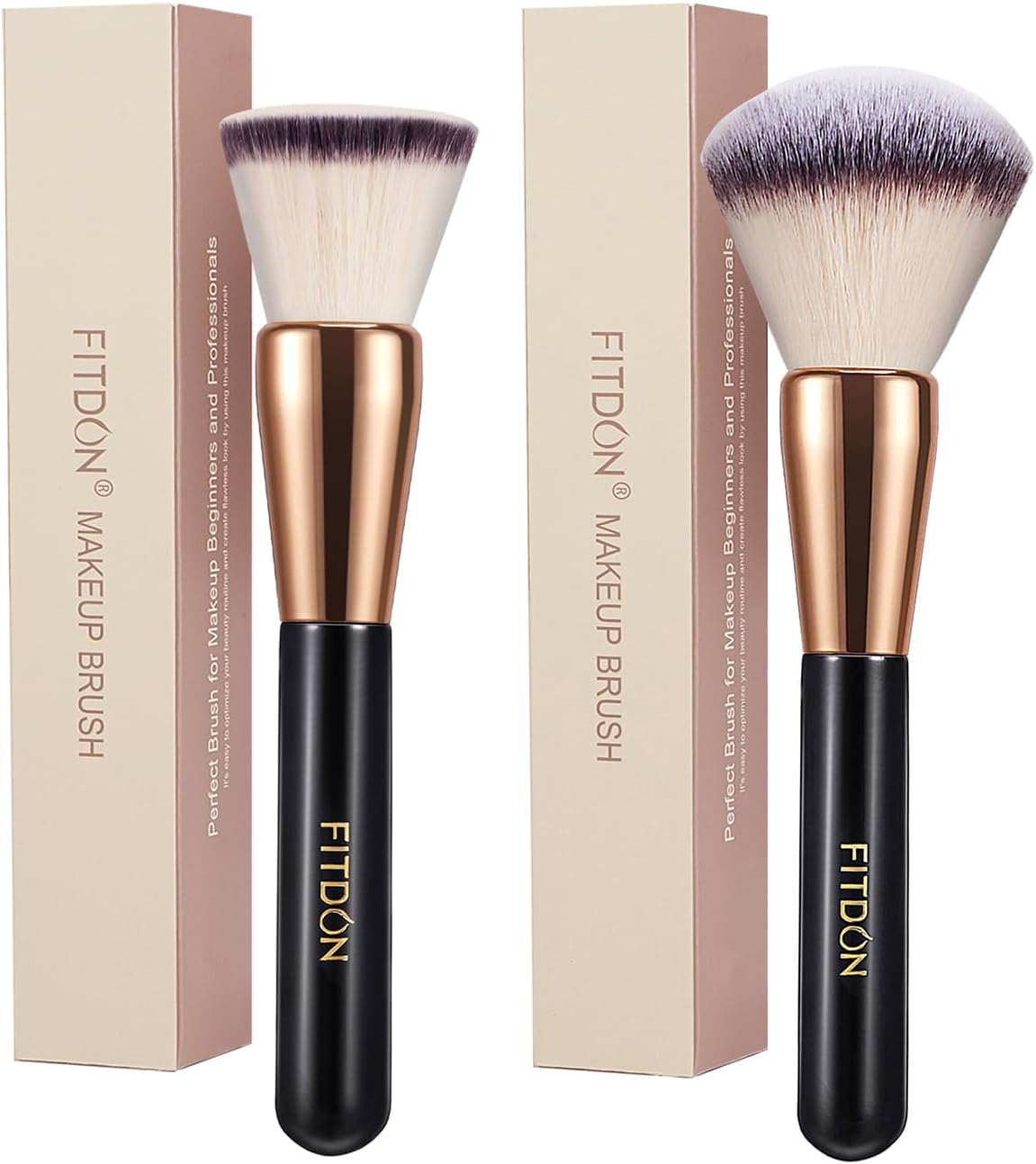 FITDON Foundation Brush and Powder Brush, 2PCS Professional Flat Top Kabuki Makeup Brush Bronzer Blush Brushes for Liquid, Cream and Powder