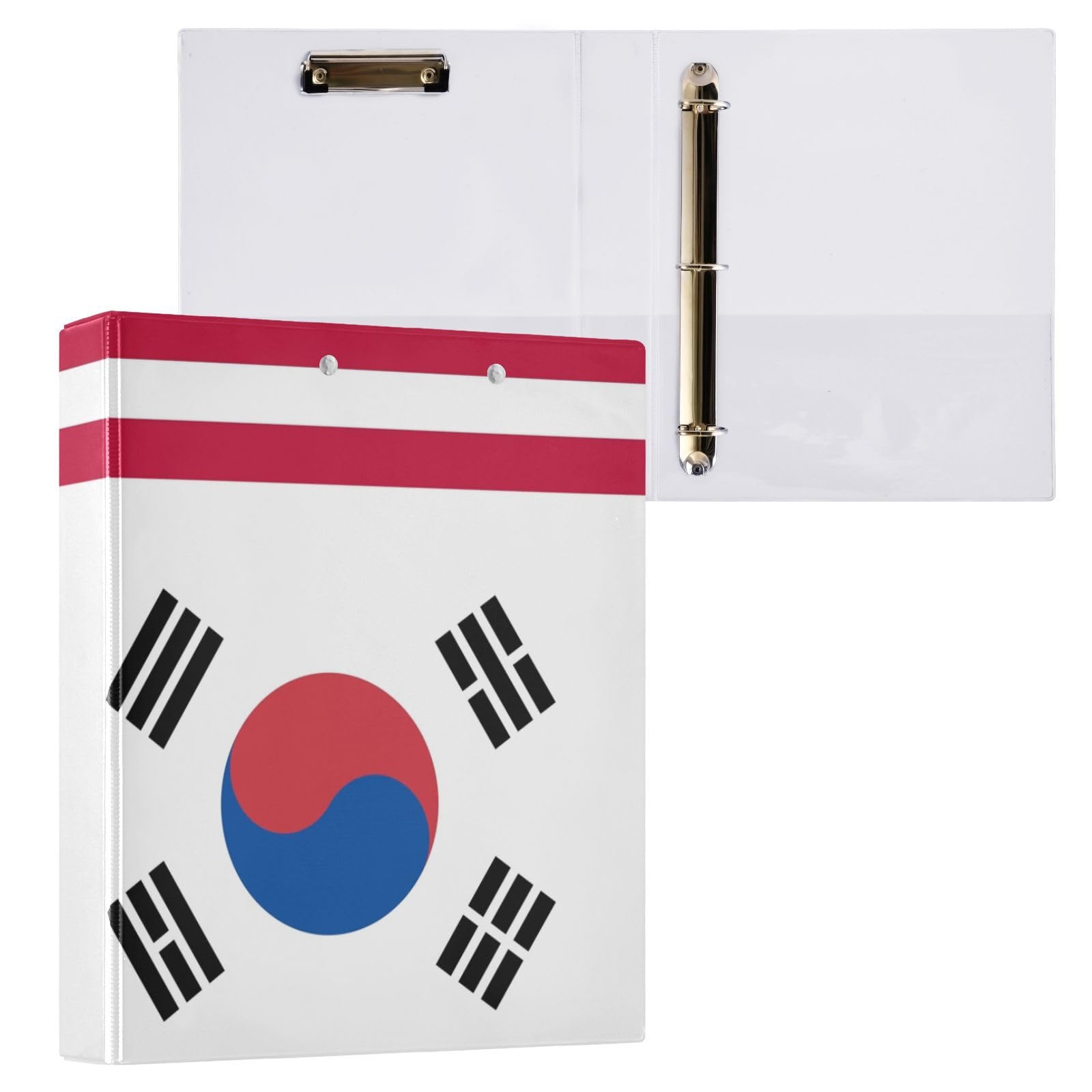 Peystean - Raccoglitore ad anelli rotondo a D da 3,8 cm, con portablocco integrato, copertina rigida stampata su un lato, confezione da 2 bandiere degli Stati Uniti Corea del Sud