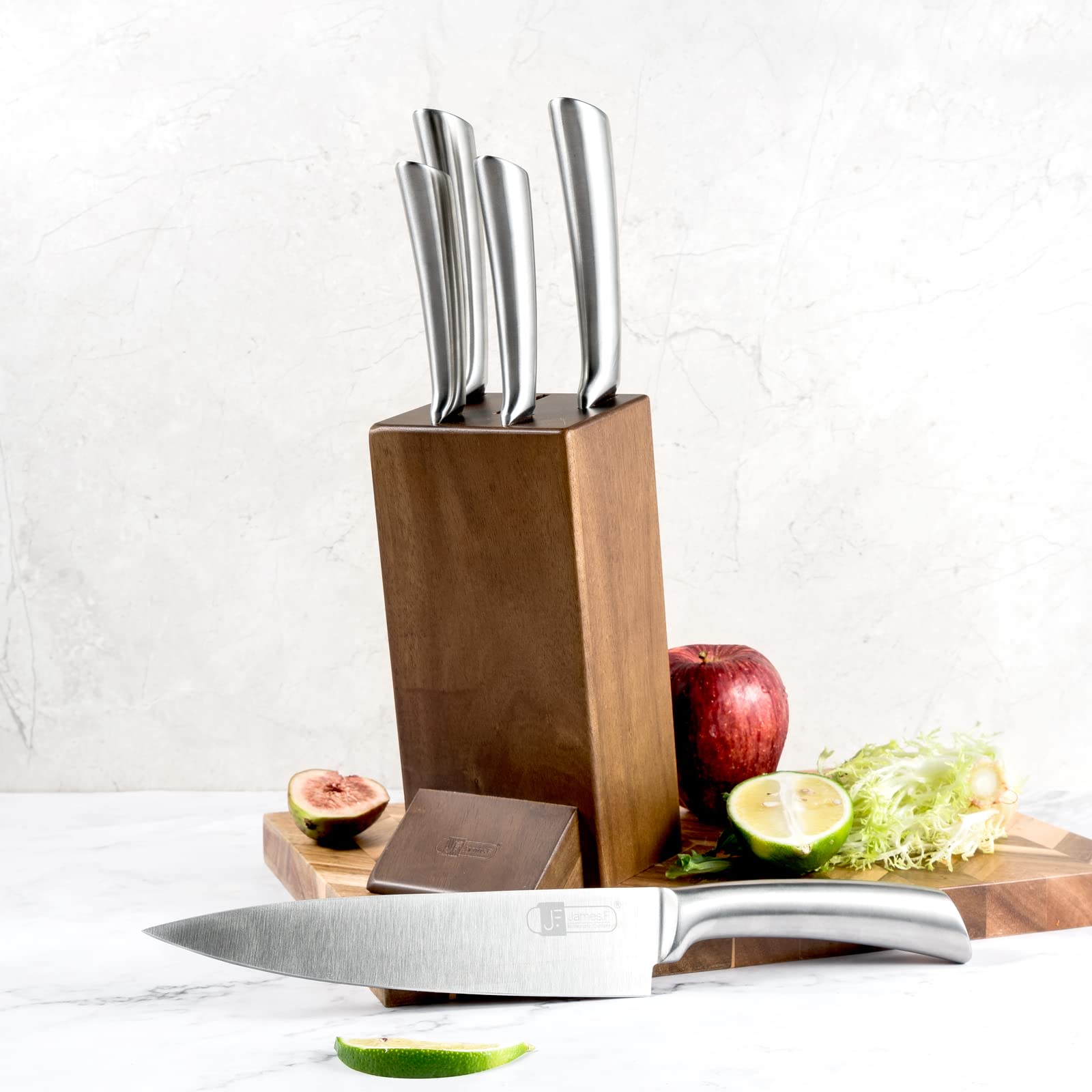 Bloc de couteaux en bois avec couteau, ensemble de couteaux en 5 pièces avec bloc de couteau en bois d’acacia en acier inoxydable tranchant Ensemble de couteaux de haute qualité