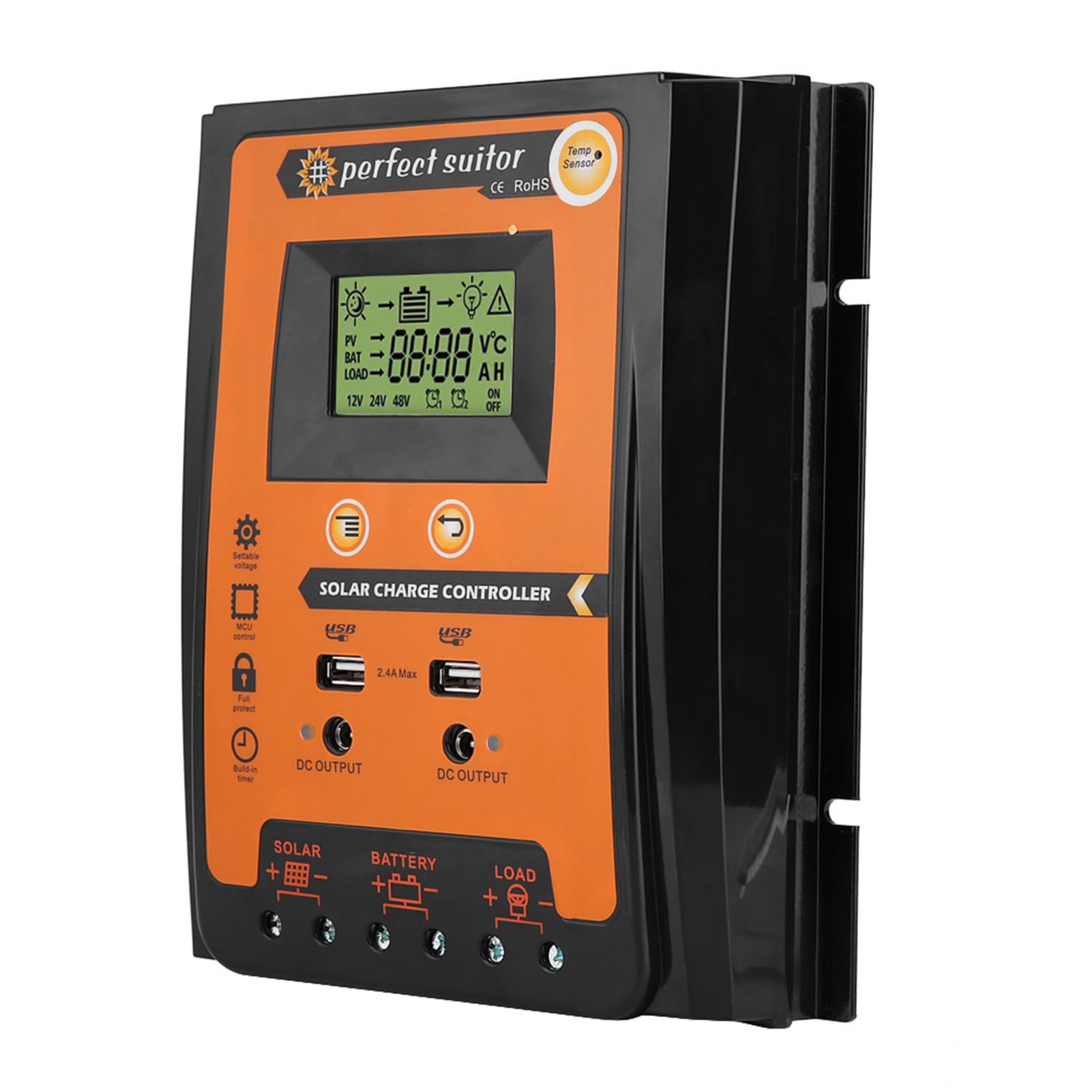 Regolatore di Carica Solare, Plastica Ip32 12V/24V 30A 50A Mppt Regolatore di Carica Solare Pannello Solare Regolatore Batteria Doppio Display LCD USB, Caricatore Solare C (70A)