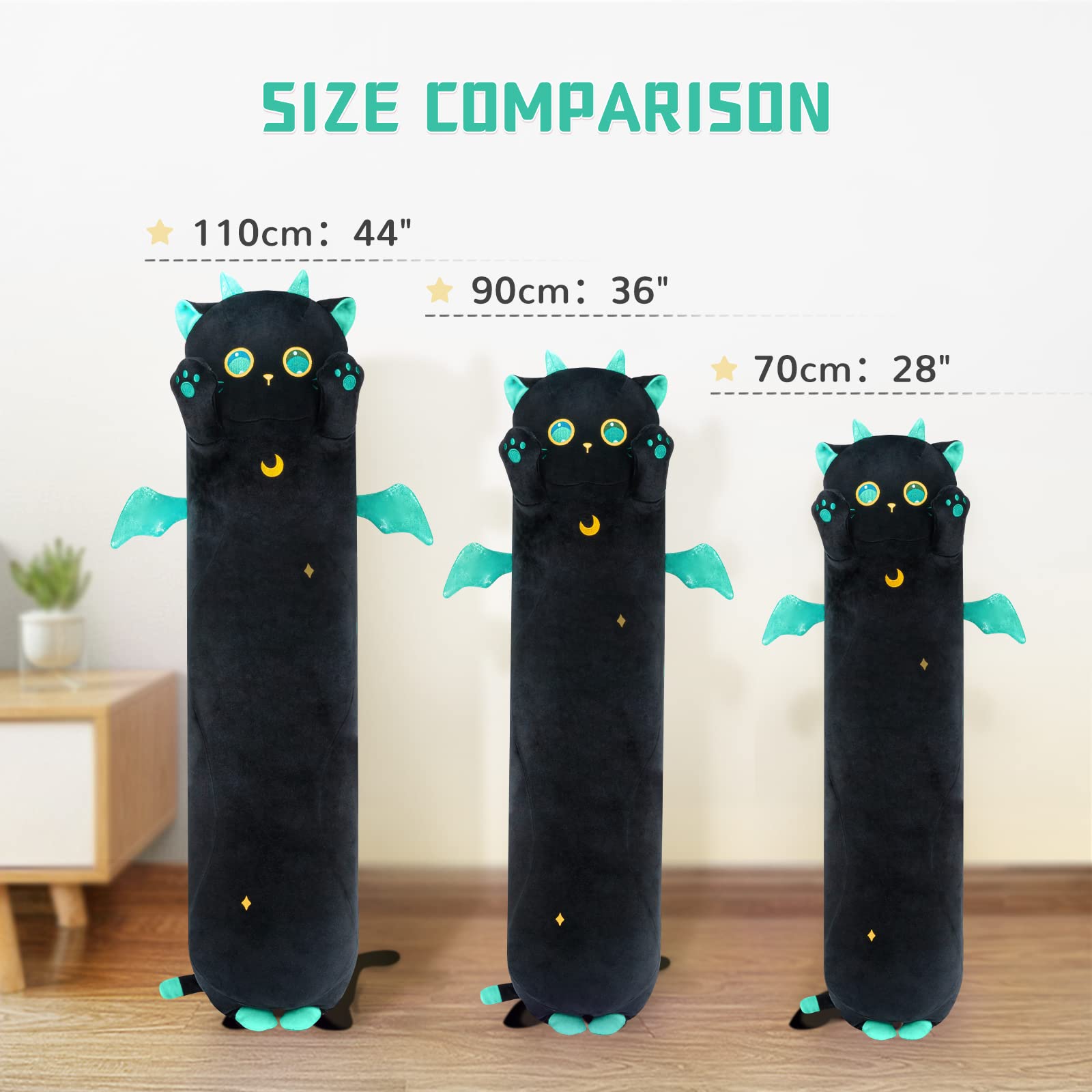 Mewaii Carino Gatto in Peluche Cuscino lungo Cuscino Animale Bambola Giocattoli Kawaii Soffici Comfort Cuscino in Peluche per Regalo per Bambini dai 3 anni in su, 70 cm, Gatto Nero