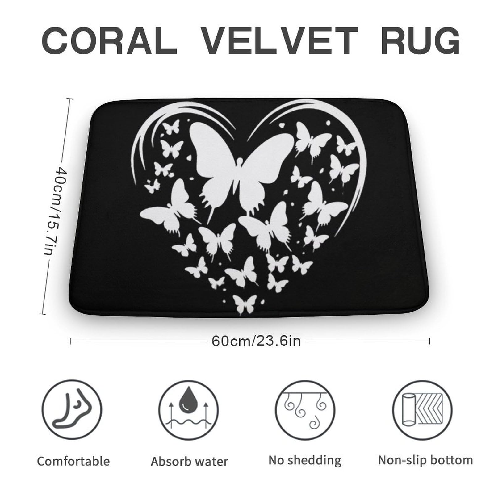 Heart Butterfly Coral Velvet Rugs Non-Slip Bathroom Rugs Soft Kitchen Rug Floor Carpet for Home Decor 15.7
