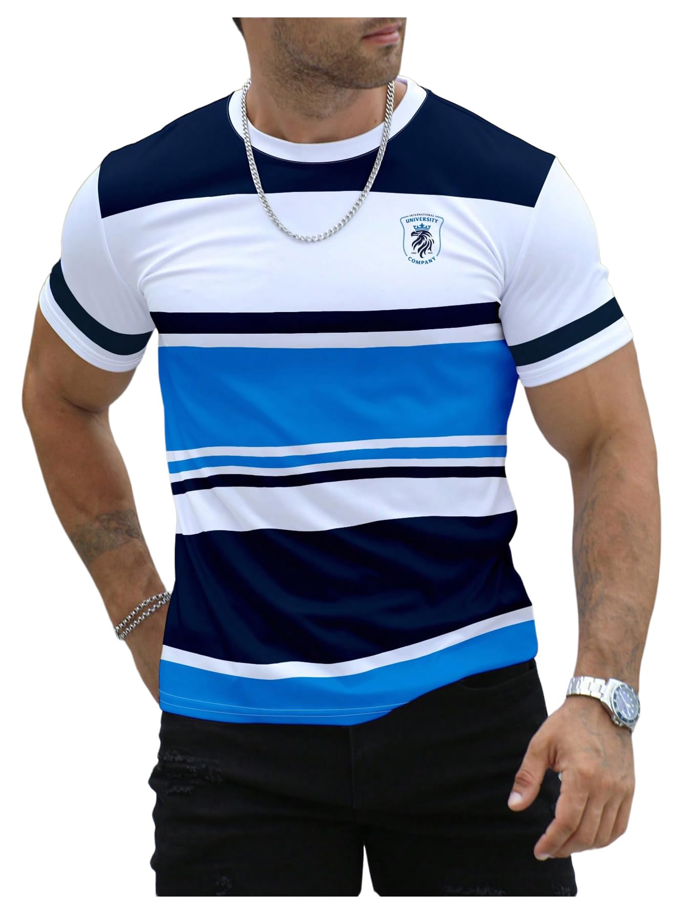 Floerns Camiseta de manga corta con cuello redondo y estampado de rayas para hombre