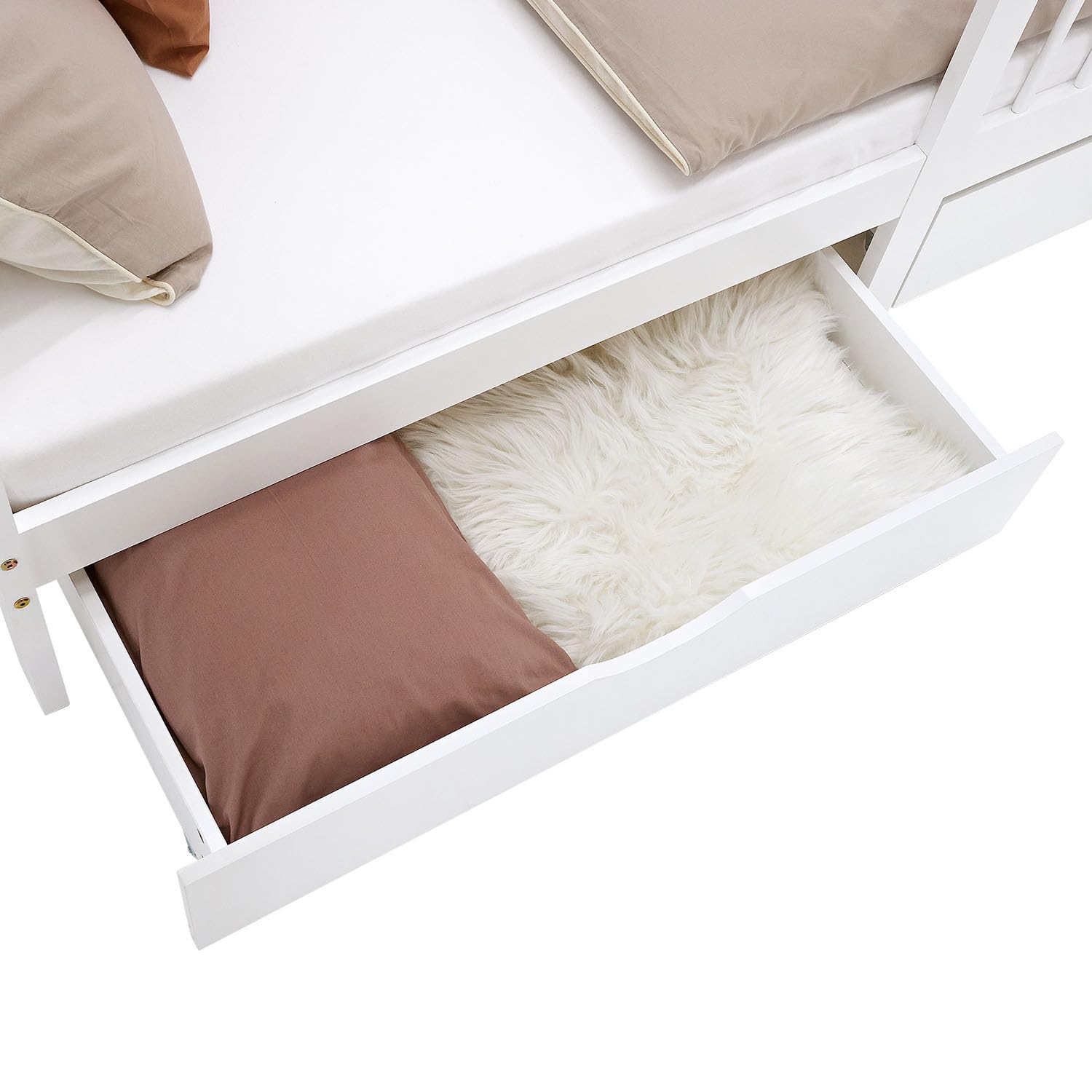 Homestyle4u Kinderbett 90x200 mit Matratze, Lattenrost & Schubladen, Weiß | Massivholz Bodenbett aus Kiefer mit Rausfallschutz, 2 Bettkästen für Stauraum und kindgerechter Rollmatratze Härtegrad 2