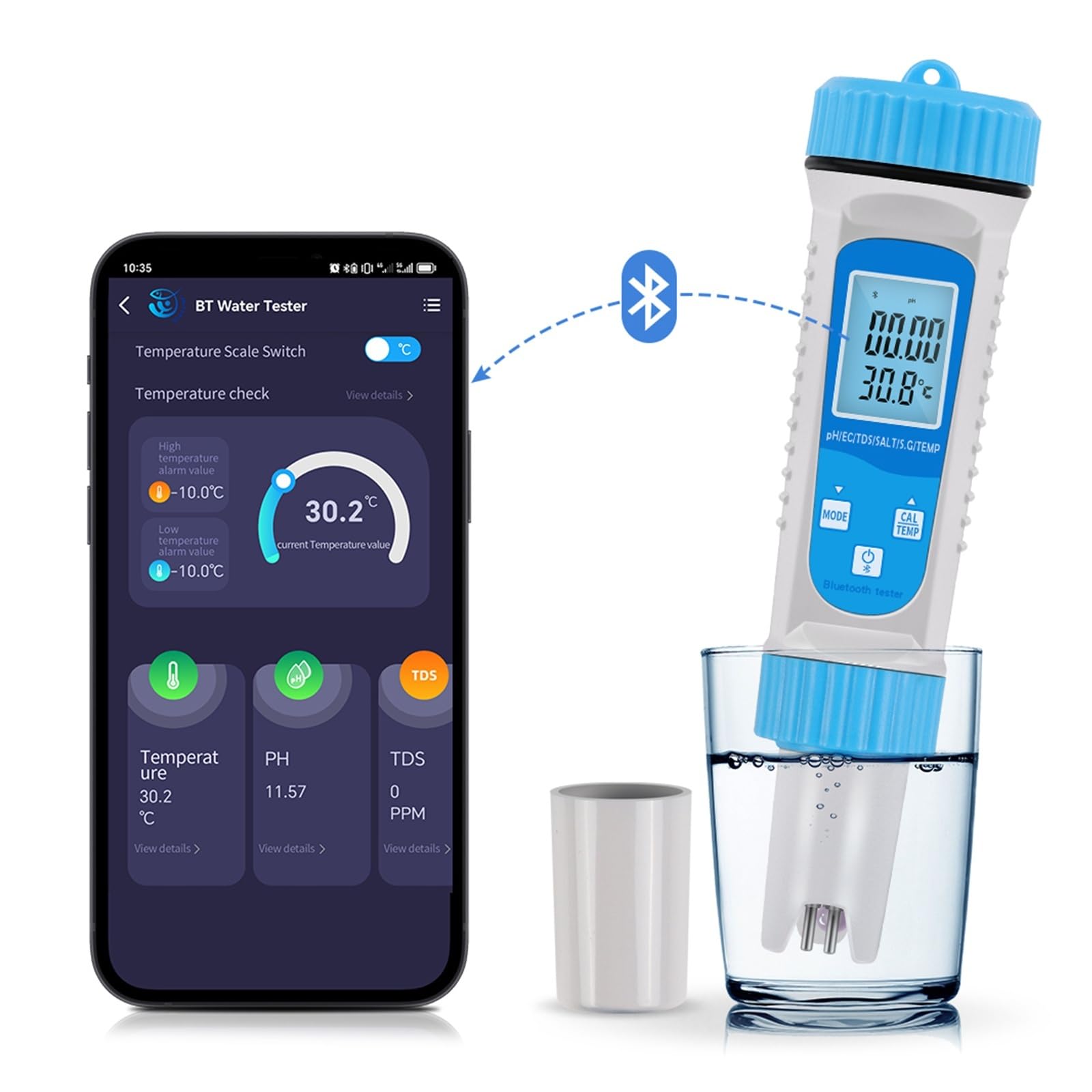 Probador de agua inteligente con Bluetooth, multifunción 6 en 1, medidor de pH/EC/TDS/salinidad/SG/temperatura, detector de agua