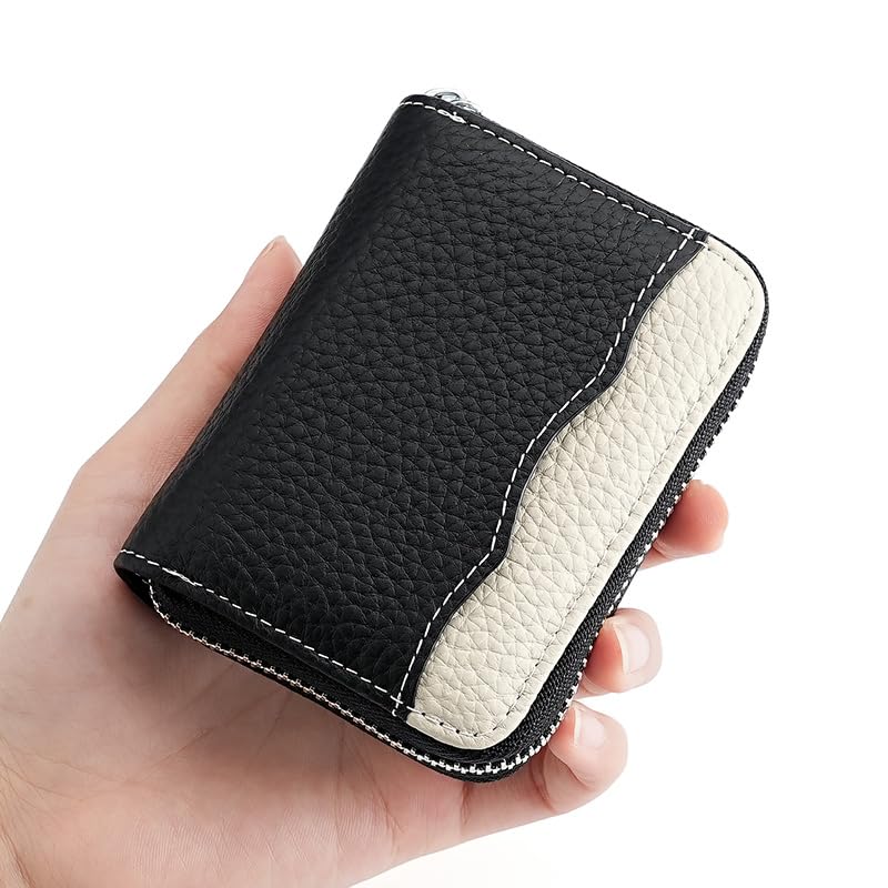Image of Linno RFID 20 Slots Credit Card Holder Genuine Leather Small Wallet for Women or Men with Zipper, New Black, 4.1 x 3.3 x 1.18 inches, Fashion Accordion Card Case