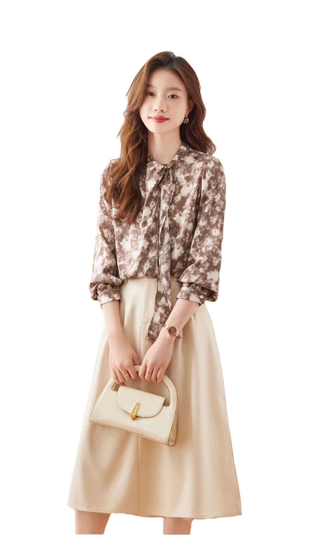 Elegante blusa de gasa estampada de manga larga para mujer, cuello redondo, con cordones