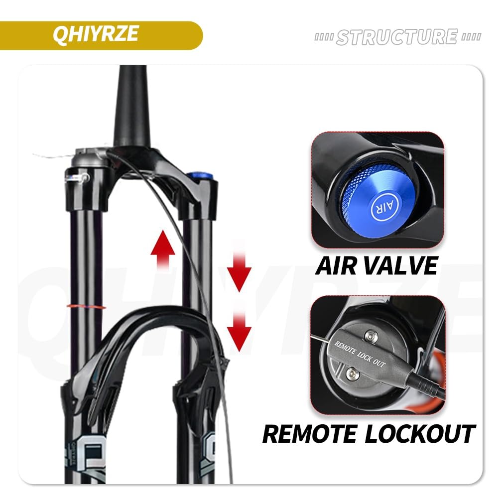Horquilla de Bicicleta de montaña con suspensión neumática de 26/27,5/29", Recorrido de 160 mm, Eje pasante Delantero de 15x100 mm, Negra, Tubo de dirección cónico de 1-1/2", ajust