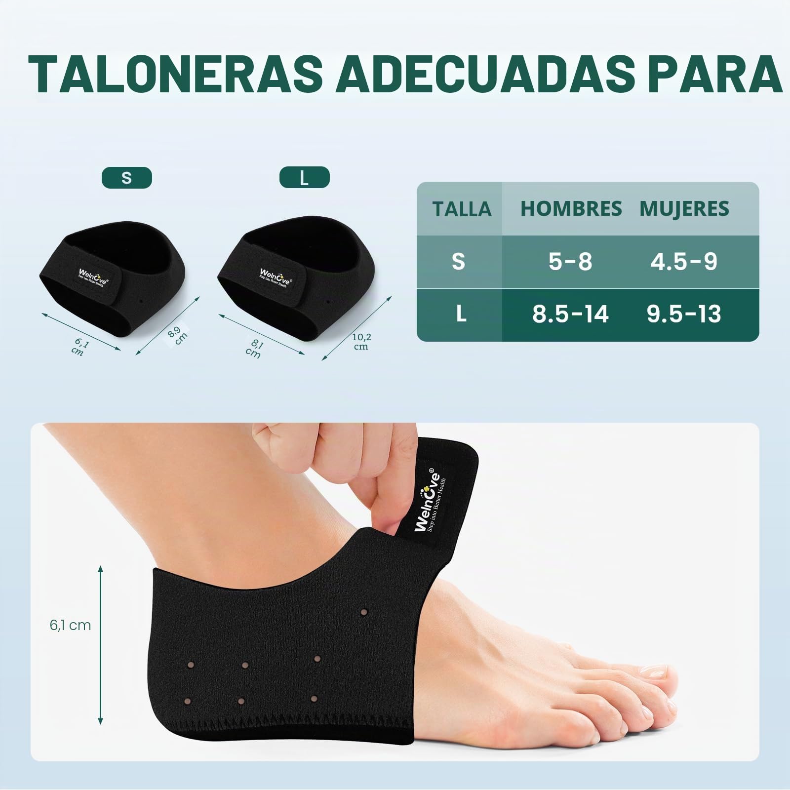 Welnove Protector de talón para fascitis plantar, talón de gel para mujer y hombre, espolones, plantillas de talón, para tendinitis de Aquiles (Negro, Large- EU Shoe Size 42-47)