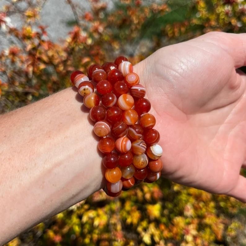 Miniatura 8 de SofiaCreations Handmade Red Banded Agate Crystal Beaded Bracelet, Natural Carnelian Gemstone Crystal 8mm Round Beads Stretchy Bracelet, Healing