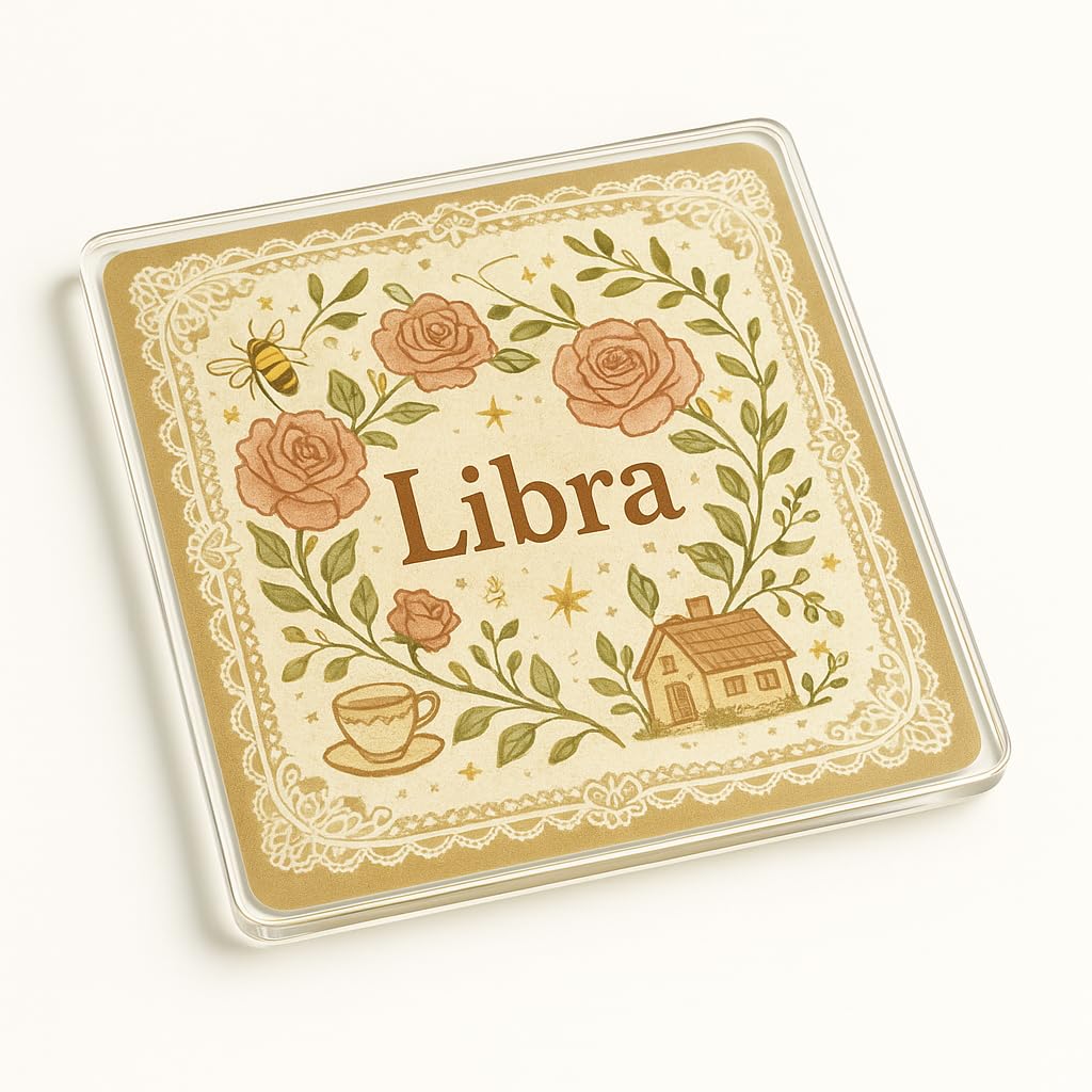 Libra Cottagecore Acrylic Coaster Gift - Vintage Floral Zodiac Design with Roses and Whimsical Elements