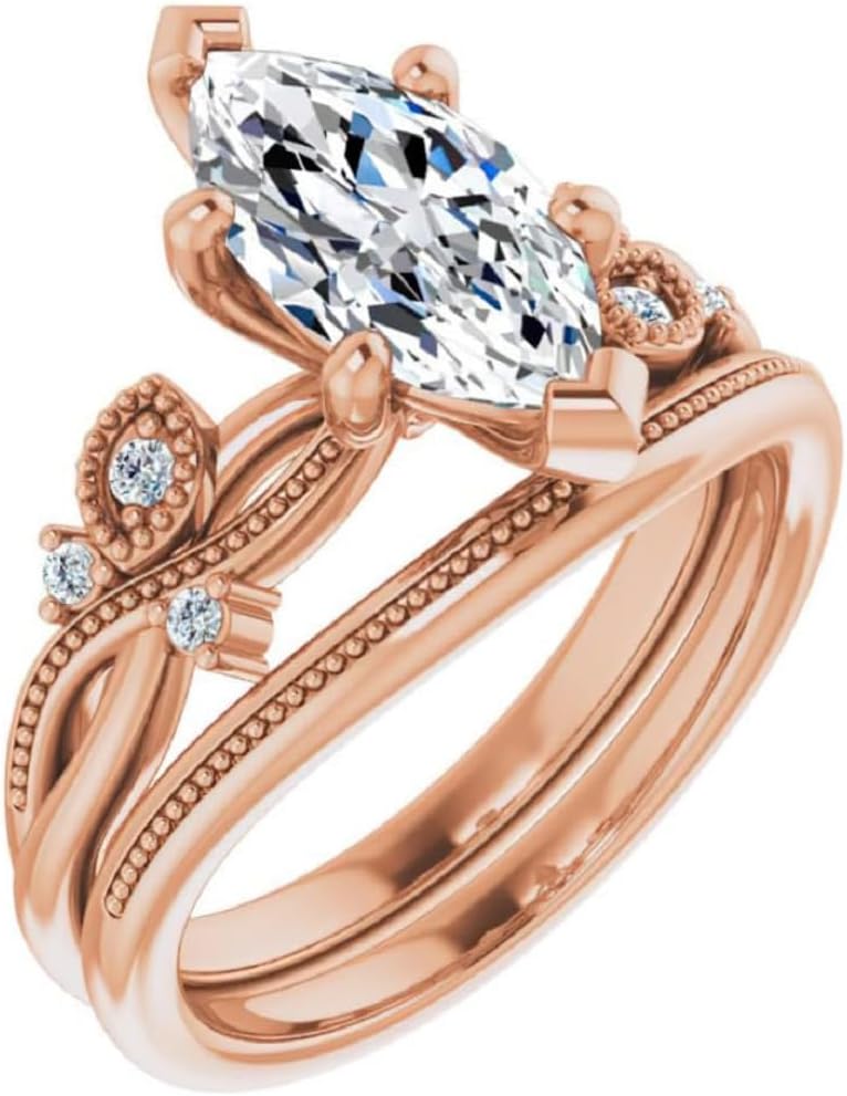 Moissanite Engagement Ring Set Marquise Cut 1CT-3CT Wedding Ring with Milgrain 925 Silver/Gold Anniversary Promise Gift for Women