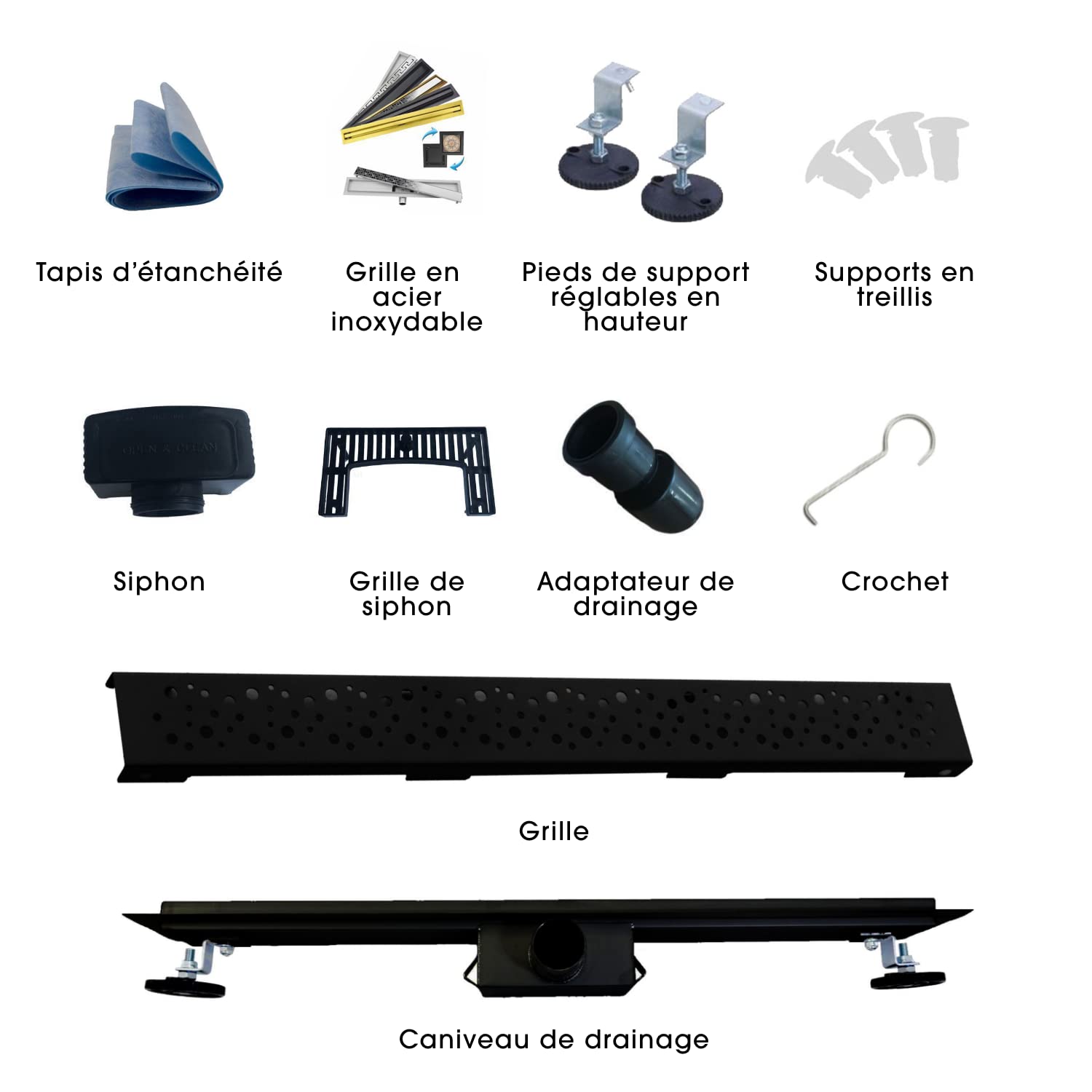 Bulles Caniveau de Douche Italienne avec Siphon Ultra-plate en Acier Inoxydable Grille Sol de Douche Linéaire Hauteur d'installation de 52 m Ensemble Complet Noir 90 cm