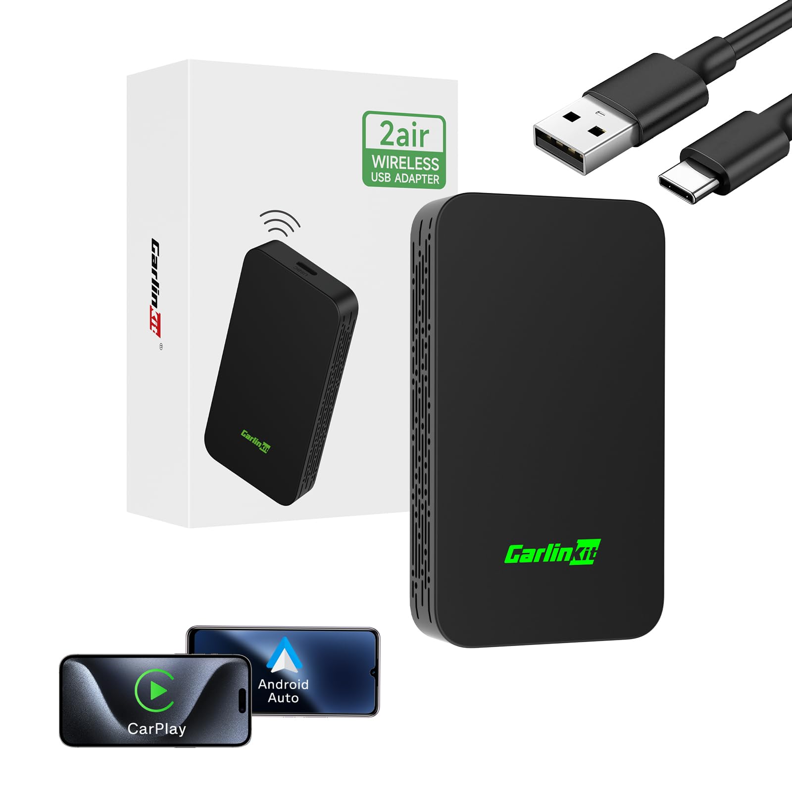 Image showing a car starting, then CarPlay or Android Auto connecting automatically to the car's display via the Carlinkit adapter.