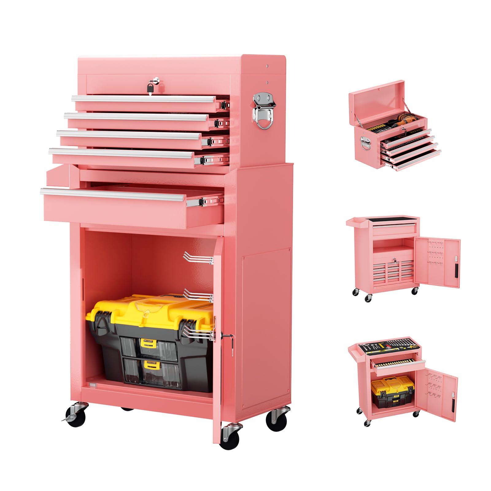 Crownland 5-Drawer Rolling Tool Chest Pink