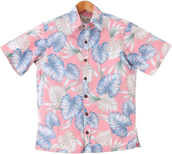 Amazon アロハシャツ メンズ Paradise Bay ハワイ製 フラッシュピンク モンステラ柄 立ち襟 コットン 裏生地 シャツ 通販