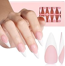 AILLSA French Gel Nail Tips, 180 Pcs French Tip Press On Nails Long Almond Pink, Pre-Applied Primer & Base Coat, No Need File, Soft Long Stiletto Nail Tips, Fake Nails for Women Gift 15 Sizes