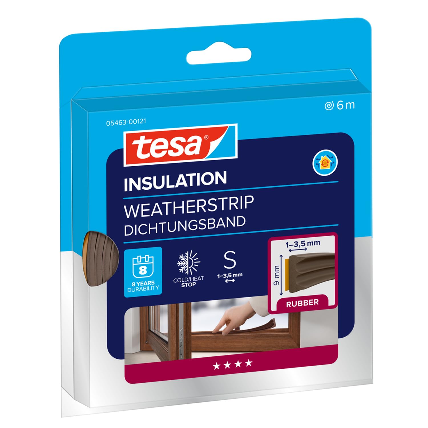 tesamoll E-Profile Seal - Self Adhesive Rubber Draught Excluder for Insulating Gaps in Windows and Doors - Brown - 6 m x 9 mm x 3.5 mm