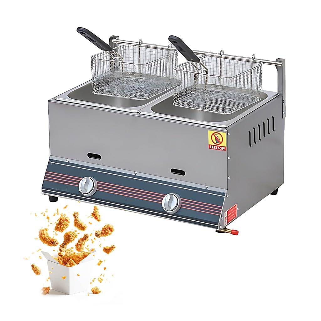 Freidora a Gas 16L,Acero Inoxidable 304-2800Pa Baja Presión,Ideal para Food Truck Street Food,Cocina Móvil para Eventos,Quemador Infrarrojos,Cestas Reforzadas de Acero(2 Tank)