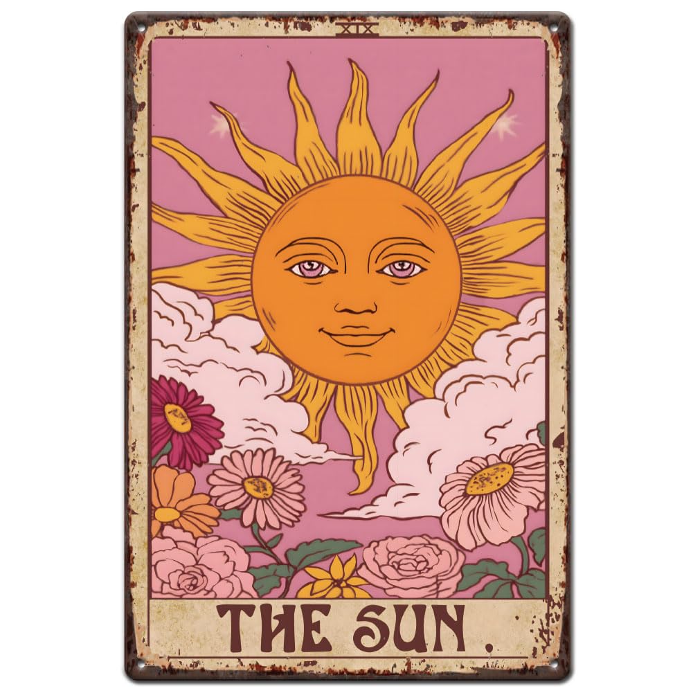 SUPERDANT Tarot Metal Signs the Sun Tin Sign Sun with Flowers Wall Plaques Funny Iron Poster Art for Man Cave Home Living Room Bar Pub Vintage Decor Halloween Housewarming Gift