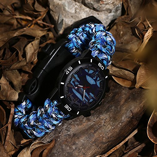 Survival Bracelet Watch, Men/Women Waterproof Emergency Survival Watch with Paracord Whistle Fire Starter Compass and Thermometer, 6 in 1 Multifunctional Outdoor Gear (Blue)