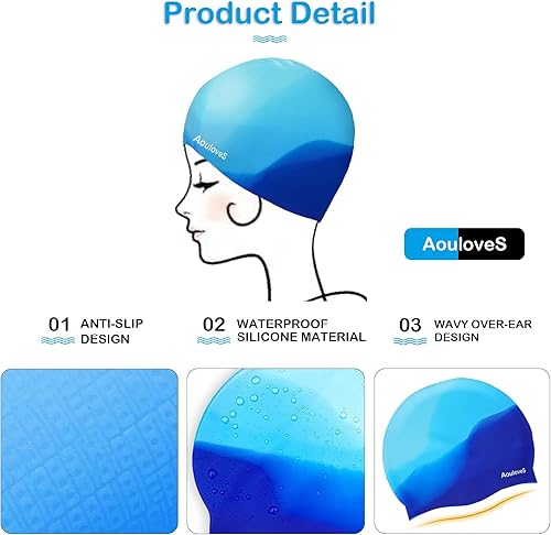 Miniatura 8 de Paquete de 2 gorros de natación para niños y niñas, unisex, de silicona, para niños de 4 a 12 años, ajuste cómodo para cabello largo y cabello corto