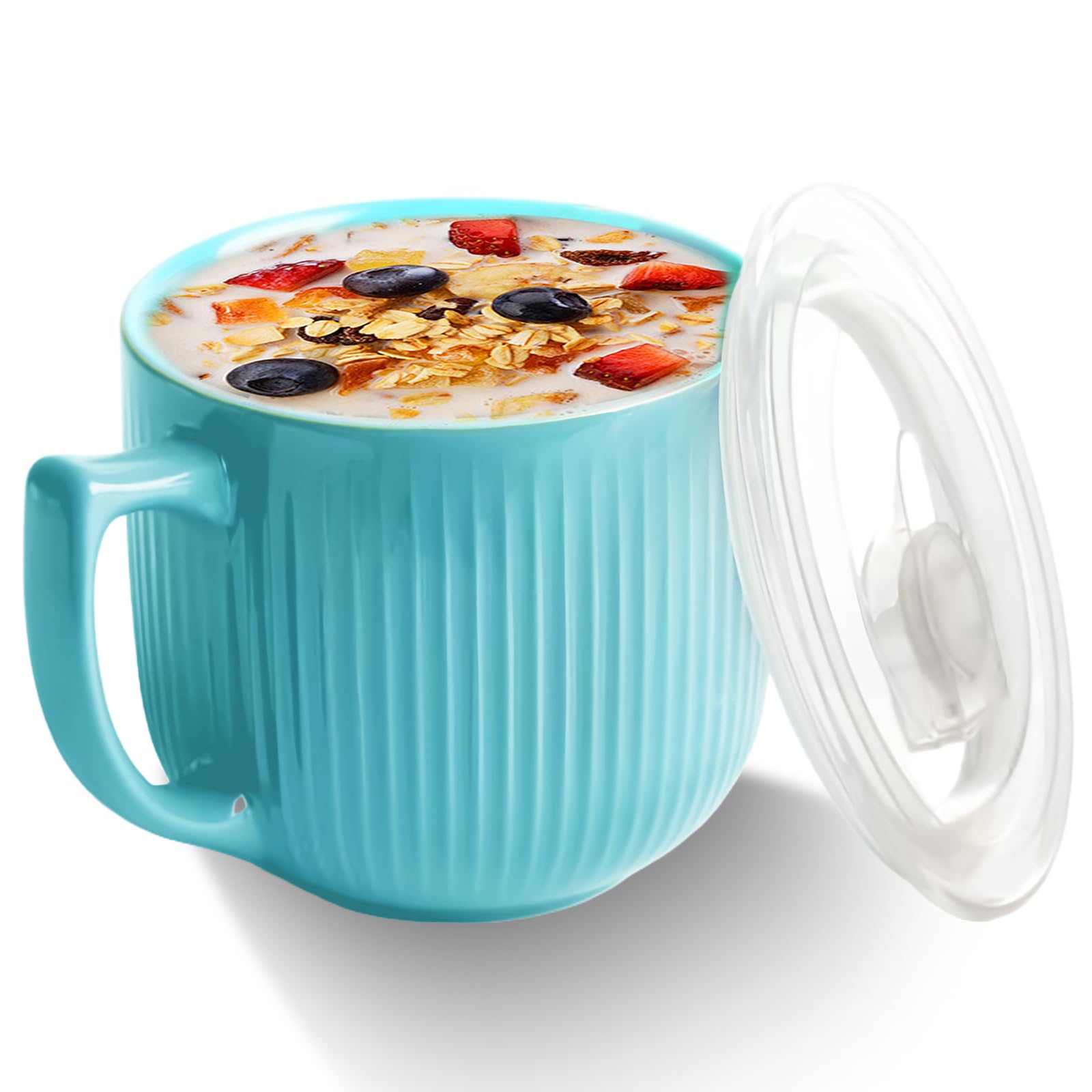 Keramik Suppenschüssel mit Henkel, 900ml Mikrowellen Suppentassen mit Deckel, Ramen Schüssel, Kaffeetasse Groß für Mittagessen, Nudeln, Obst, Müsli (Blau)