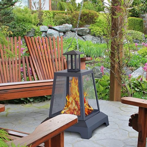 Gusseisenofen für den Außenbereich, Terrassenofen, Holzofen, Garten-Feuerstelle, Terrassenkamin, Holzbrenner, Feuerschale, Heizofen mit Netzumrandung, Schwarz
