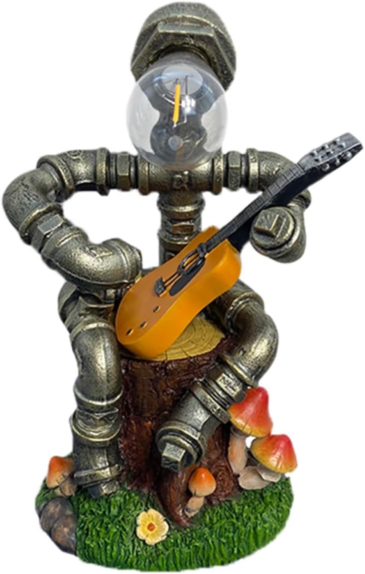 Sewroro Vintage Solar Powered Resin Robot Lamp, Outdoor Garden Figurine Light Retro Iron Pipe Steampunk Design, Courtyard Balcony Solar Statue Decoration