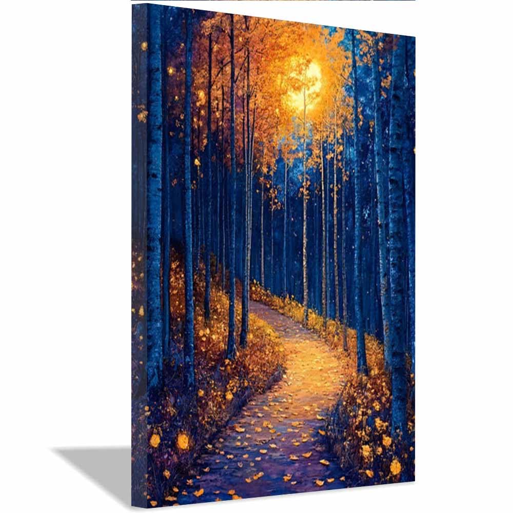 QUSAAOU Wohnzimmer Poster Blau Orange Leuchtender Wald Pfad Kunst Wohnzimmer Aesthetic Room Decor Zimmer Wandbilder Modern Bild Leinwand Blumen -Gold -Schwarz -Abstrakt(Blue)-70x100cm Ungerahmt