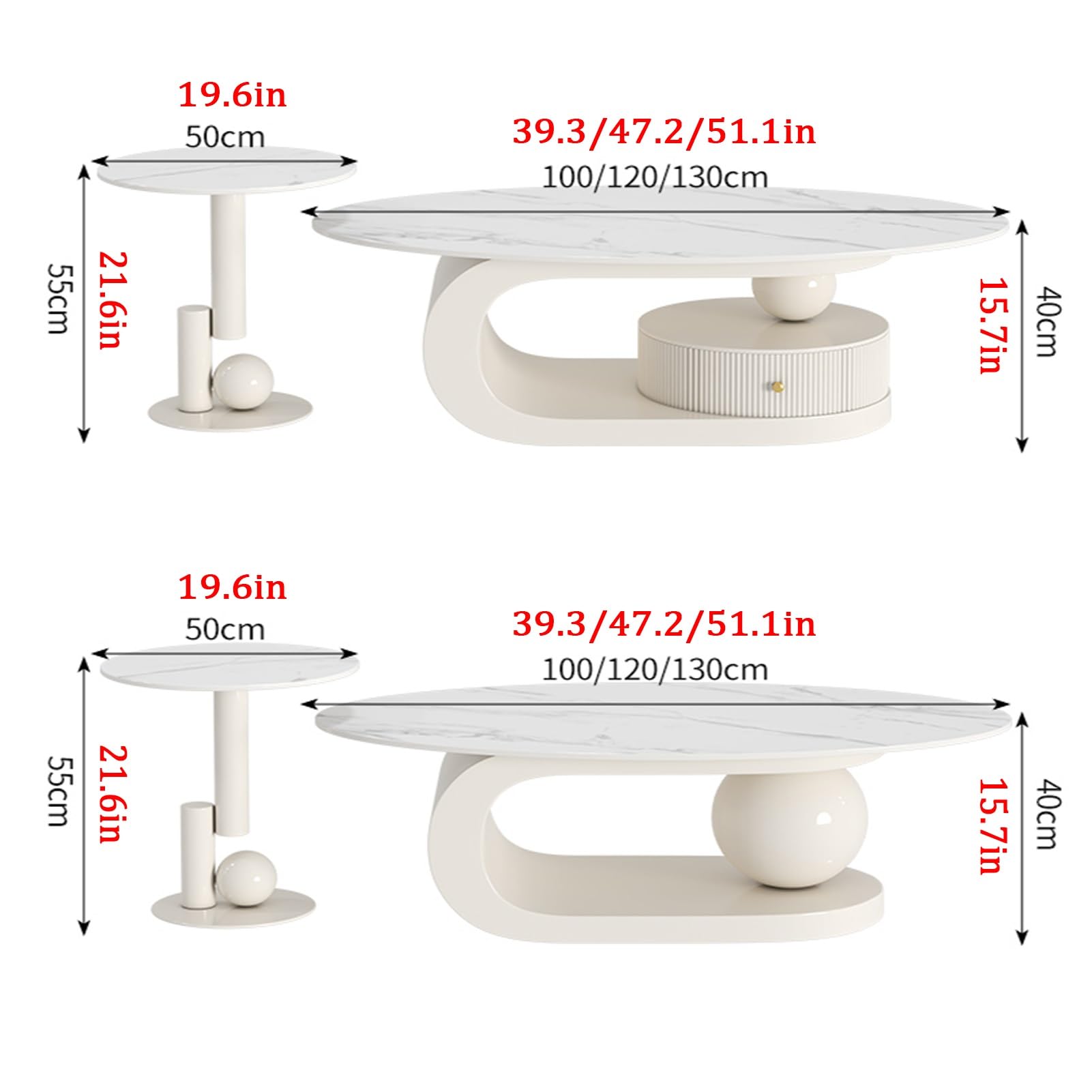Ineinander stapelbares Couchtisch-Set, mit Schubladen, in Zwei Ausführungen erhältlich, bodenstehendes Design, halbmondförmiges Couchtisch-Set, 2 Stück, weiß (WeißA, 47 Zoll + 20 Zoll)