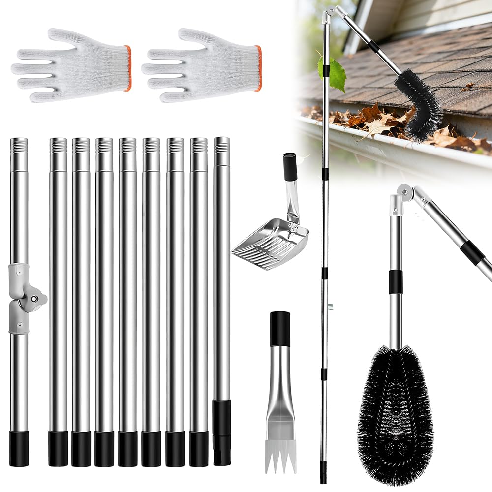 HOVCEH Gutter Cleaning Tools, 4M/13FT Telescopic Gutter Cleaner kit, Length and Curvature Adjustable Gutter Cleaning Pole with 180° Swivel Head, Gutter Scoop, Brushe for for Removes Leaf Debris