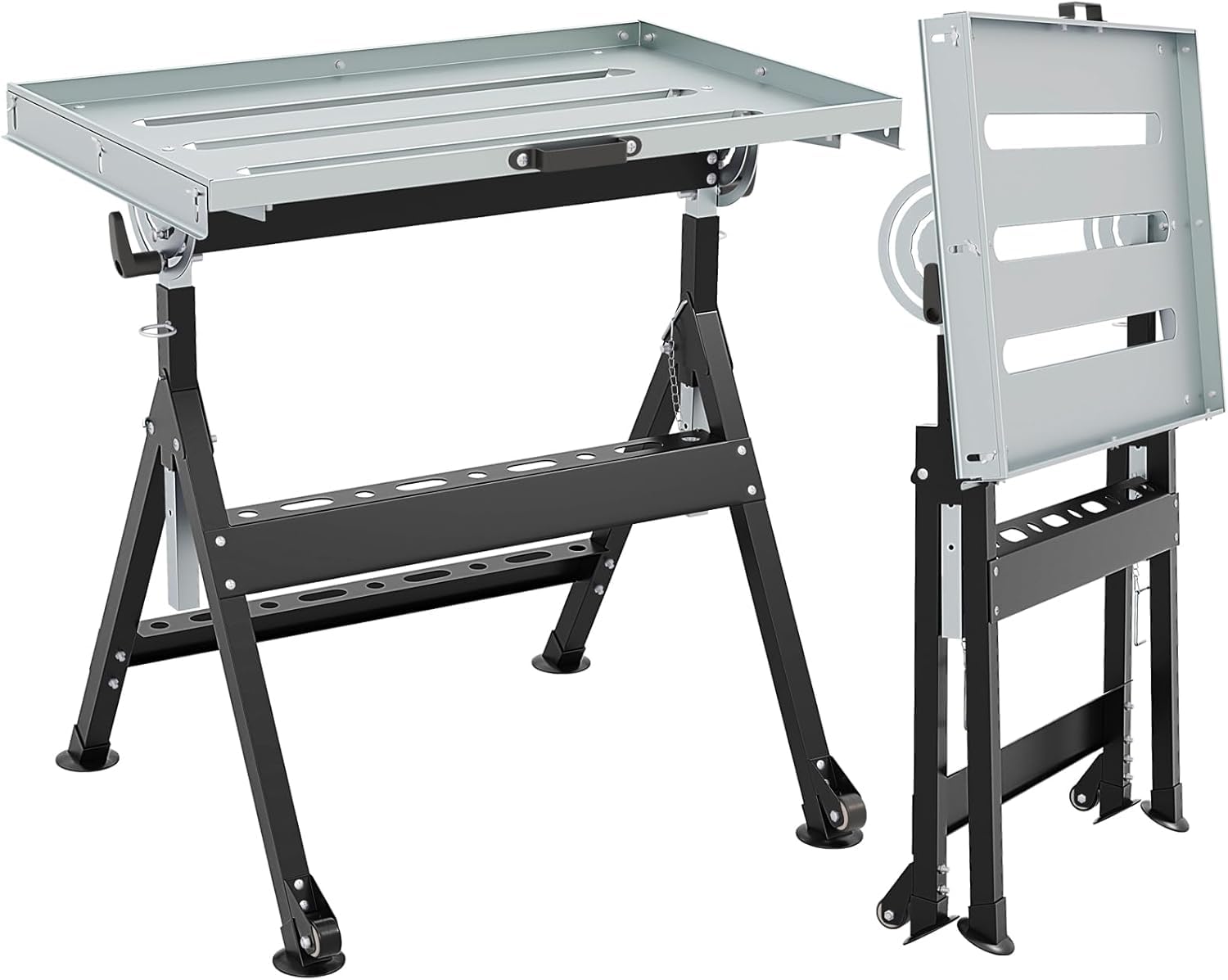 FANTASK Banco da lavoro mobile per saldatura, pieghevole, portata fino a 180 kg, banco da lavoro con ruote e ripiani per attrezzi, tavolo da lavoro con 4 altezze regolabili e angoli