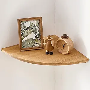 Corner Shelf Wall Mount, 12inch Oak Wood Floating Corner Shelf Round End Small Corner Nightstand Plant Shelf Wall Mount for Kitchen, Living Room, Bedroom