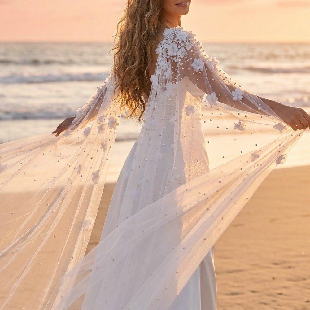 Châle De Mariage Long en Tulle À Fleurs 3D, Drapé sur Les Épaules, pour Mariée, Les Demoiselles d'honneur Les Invités. Costume De Soirée pour Mariage.