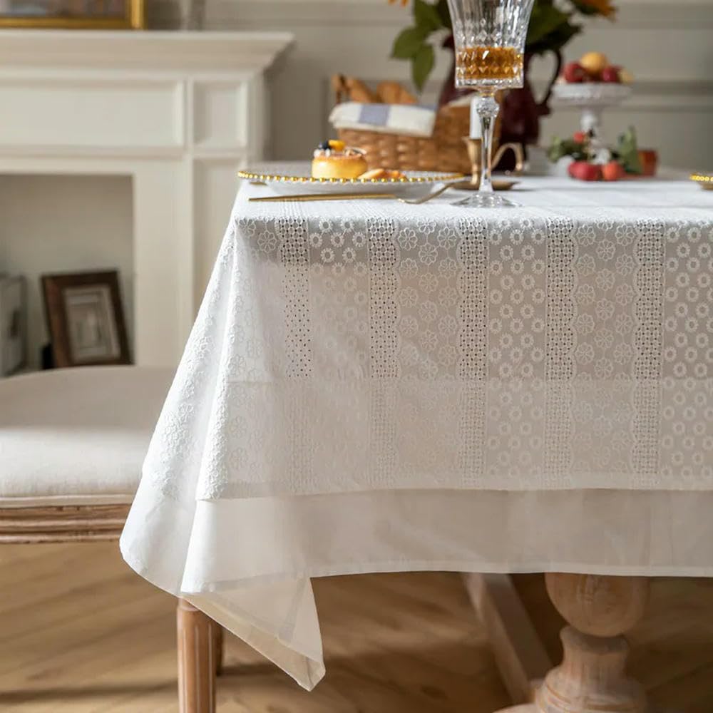 Mantel de algodón blanco con ribete de encaje, mantel de tela rústica para el hogar, fiestas, decoración de Navidad, elegante decoración de mesa de comedor