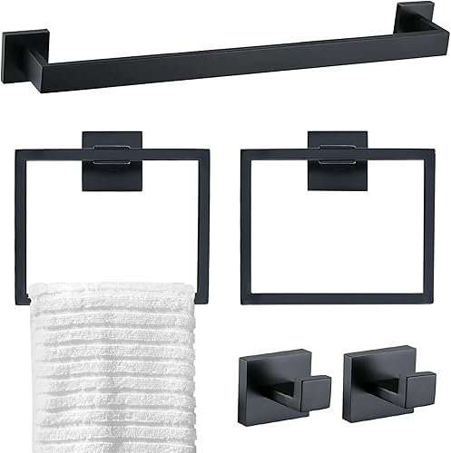 TQKAG Juego de 5 toallas de baño de color negro mate de 23.6 pulgadas, toallero de acero inoxidable, gancho para abrigo, juego de accesorios de baño