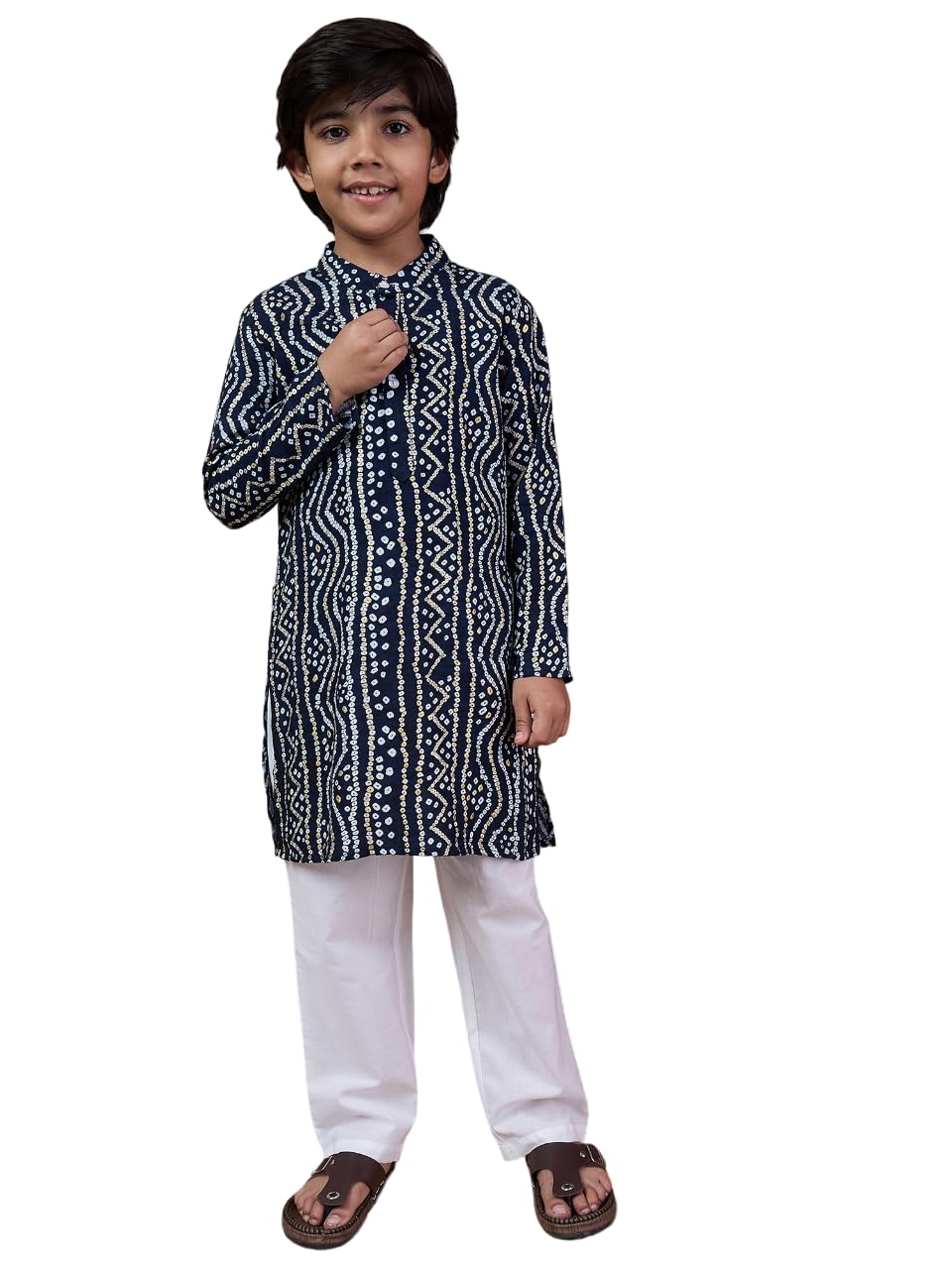 Pspeaches Boys Bandhani Printed Band Collar Kurta With Pyjamas (12-14Years)