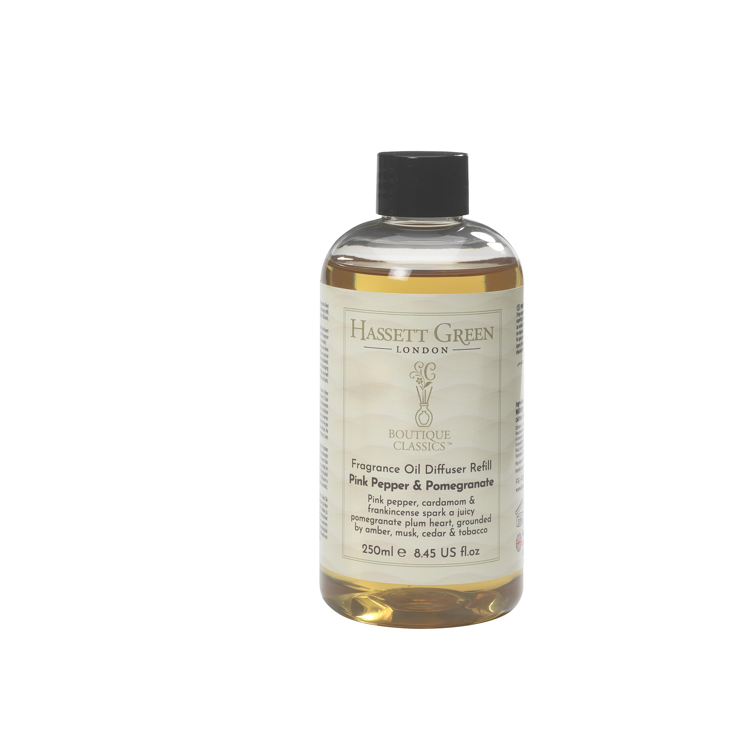 Hassett Green London Boutique Classics Pink Pepper & Pomegranate - Fragrance Oil Reed Diffuser Refill - Larger Size 250ml Bottle