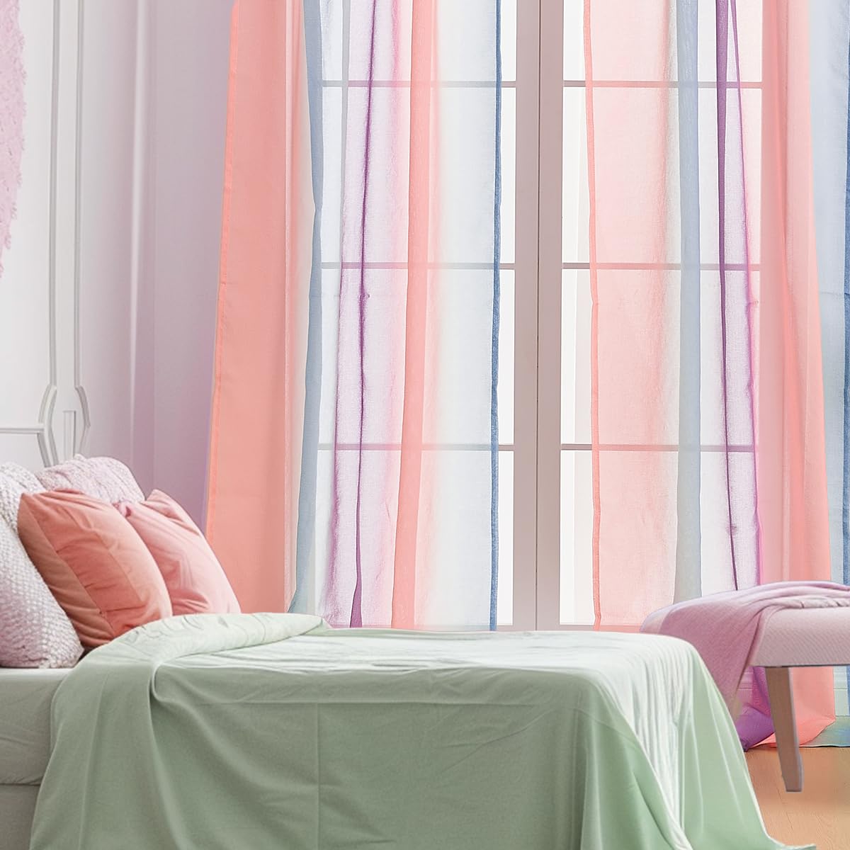 2-teilige Vorhänge für Mädchenschlafzimmer, halbtransparente Vorhänge mit Farbverlauf für Kinderzimmer, Wohnzimmer, Themenzimmer (Rosa Blau Lila, B132xH213 cm)